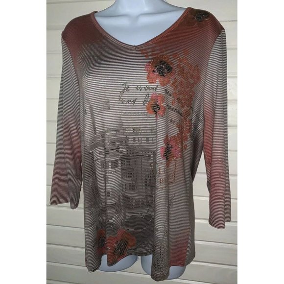 Christopher Banks Sz MEDIUM Taupe Rusty Red Knit Pullover Tunic Bling Floral EUC - Picture 3 of 11